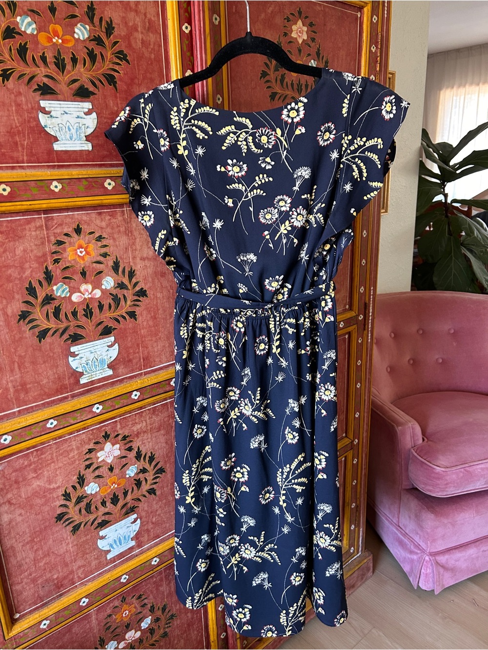 LOFT Navy Floral Midi Dress with Tie Waist - Picture 3 of 4